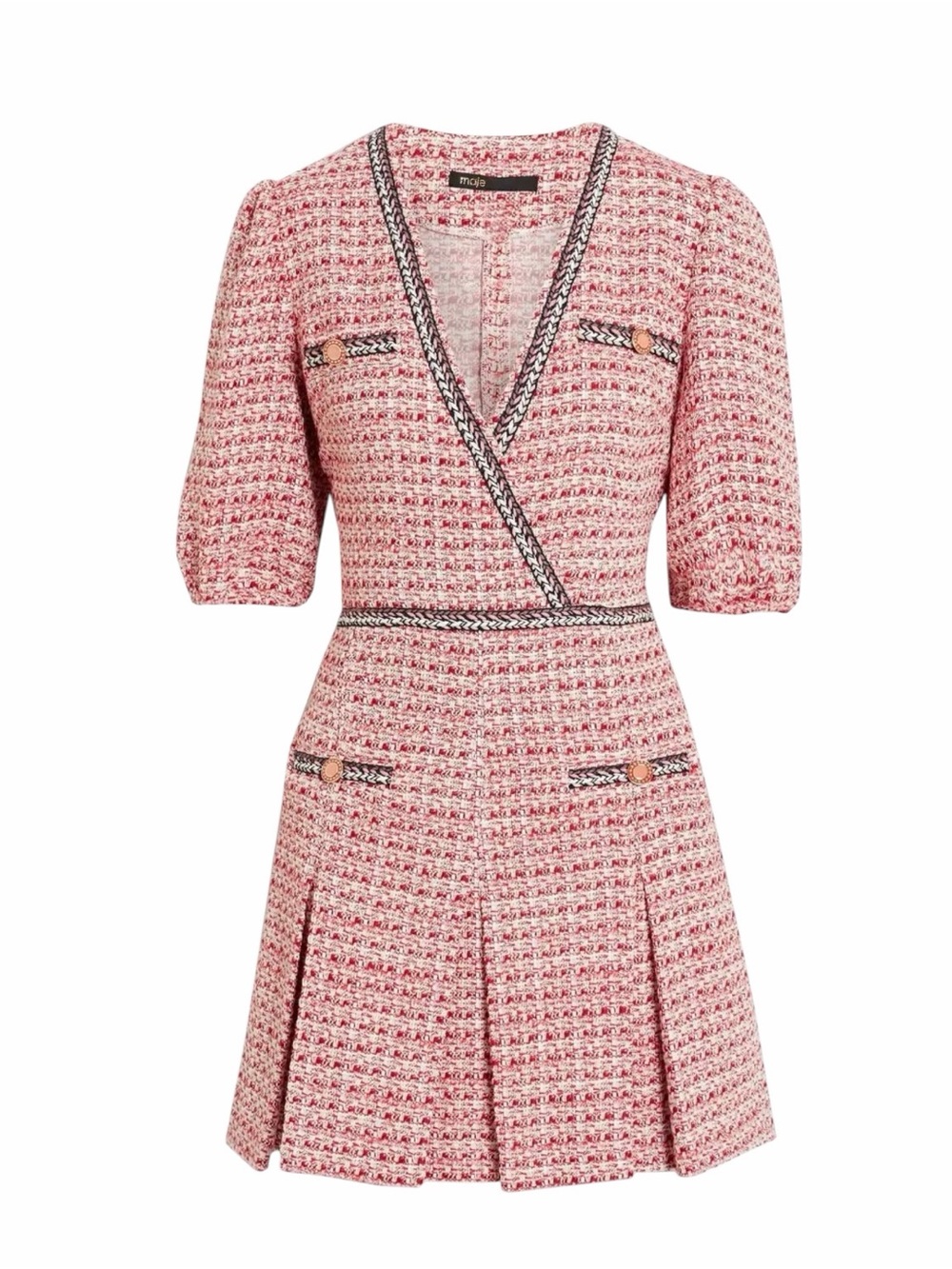 Maje Renetia Pleated Tweed Mini Dress Red Pink